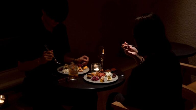 The dimly lit interior at night
